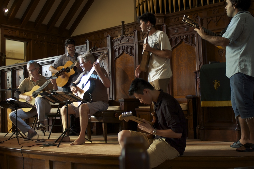John Dearman, Jeff Peterson, Ben Verdery, Ray Zhou, Ian O'Sullivan, and Arash Noori rehearsing at Makawao Union Church (2014)